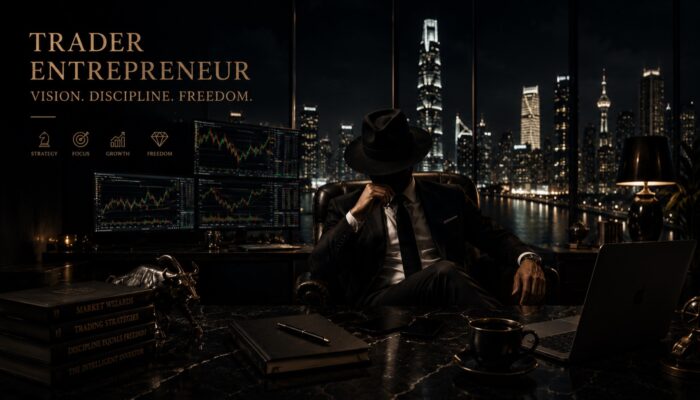 Trader entrepreneur sitting at a dark desk at night with gold trading charts and city skyline